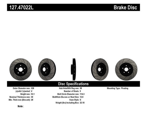 StopTech - Slotted & Drilled Left Front Rotor - Subaru 05-12 WRX / 05-17 STI