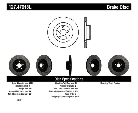 StopTech - Slotted & Drilled Left Front Rotor - Subaru WRX 02-10 / + More