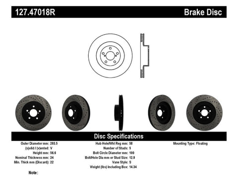 StopTech - Slotted & Drilled Right Front Rotor - Subaru WRX 02-10 / + More