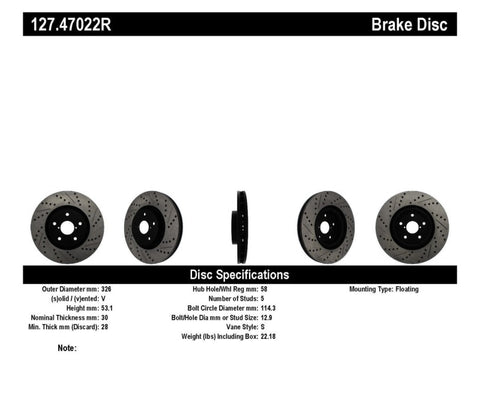 StopTech - Slotted & Drilled Right Front Rotor - Subaru  05-12 WRX / 05-17 STI